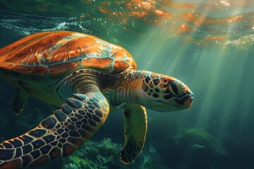 Fototapeta premium Full body view of Flatback Sea Turtle in under water natural habitat, full body shot, full body View