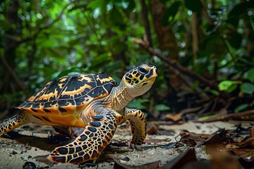 Obraz premium Full body view of Hawksbill Turtle in natural habitat, full body shot, full body View