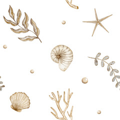 Seamless pattern with starfish, shells, corals, seaweed, pearls. Watercolor illustration in marine style for printing on textiles, fabrics,  clothing, packaging, wallpaper, printing, bathroom, dishes