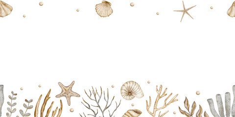 Seamless frame with shells, starfish, corals, seaweed. Hand drawn watercolor illustration nautical style isolated for frame, banner, wallpaper, nursery decor, website, ribbon, templates, invitation
