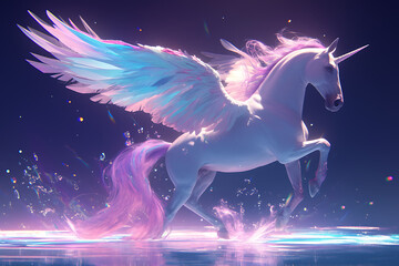 A majestic unicorn standing gracefully, with a shimmering horn and flowing mane, symbolizing purity and magic