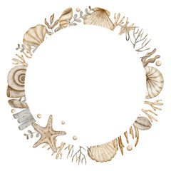 Watercolor wreath frame of shells, starfish, seaweed, corals. Illustration for templates of congratulations, cards, dishes, packaging, cosmetics, clothes