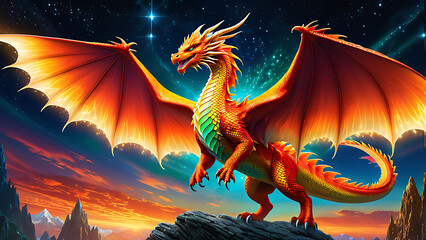 Fiery dragon with outstretched wings standing on a mountaintop against a starry night sky.