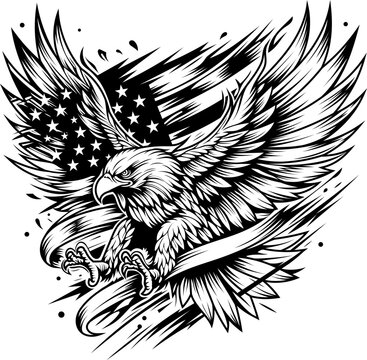 Eagle with American Flag silhouette vector art illustration, Eagle T-shirt vector, Eagle cut file, Eagle laser cut file, Eagle Cricut file, Eagle deer wood engraving file, Eagle silhouette cut file