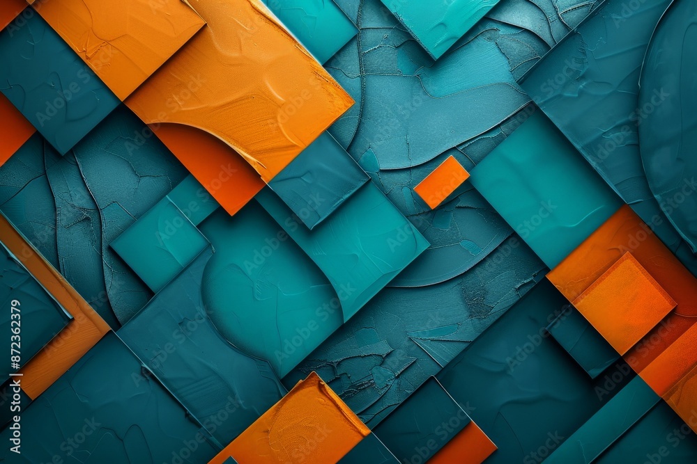 Aufkleber This image features an abstract composition of teal and orange geometric shapes layered with textured surfaces, creating a visually dynamic and engaging pattern.