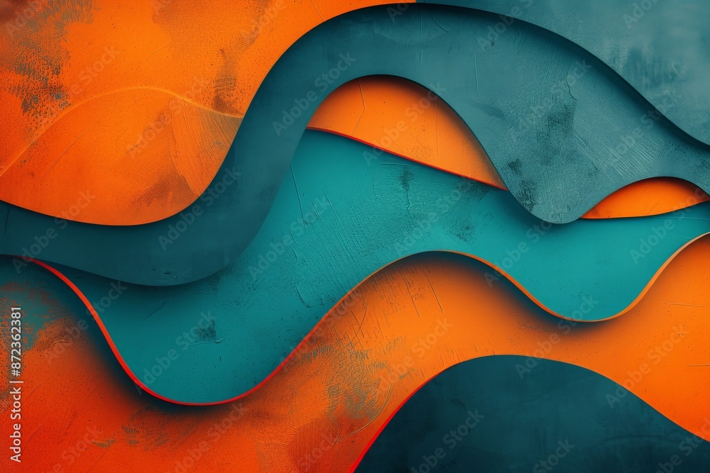 Poster This image showcases an abstract design with flowing waves in teal and orange hues, creating a sense of movement and harmony with smooth, curving lines and blended textures.