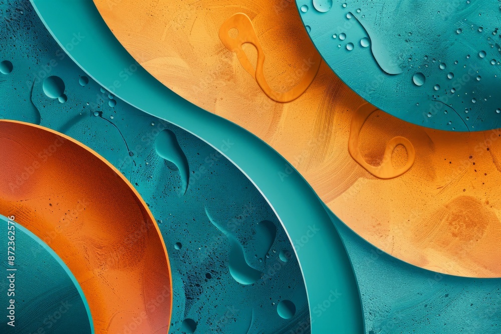 Poster This image features an abstract composition of orange and teal circular shapes, enhanced with fluid textures and droplets, creating a dynamic, vibrant aesthetic.