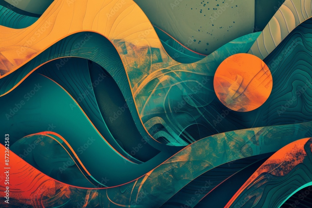 Poster the image showcases an abstract arrangement of teal and orange wavy shapes, with a prominent circula
