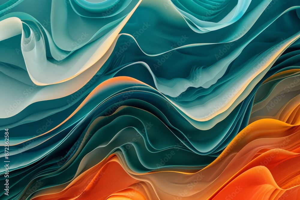 Poster This artistic image portrays flowing layers in shades of teal and orange, creating an abstract, visually engaging scene that evokes movement and depth.
