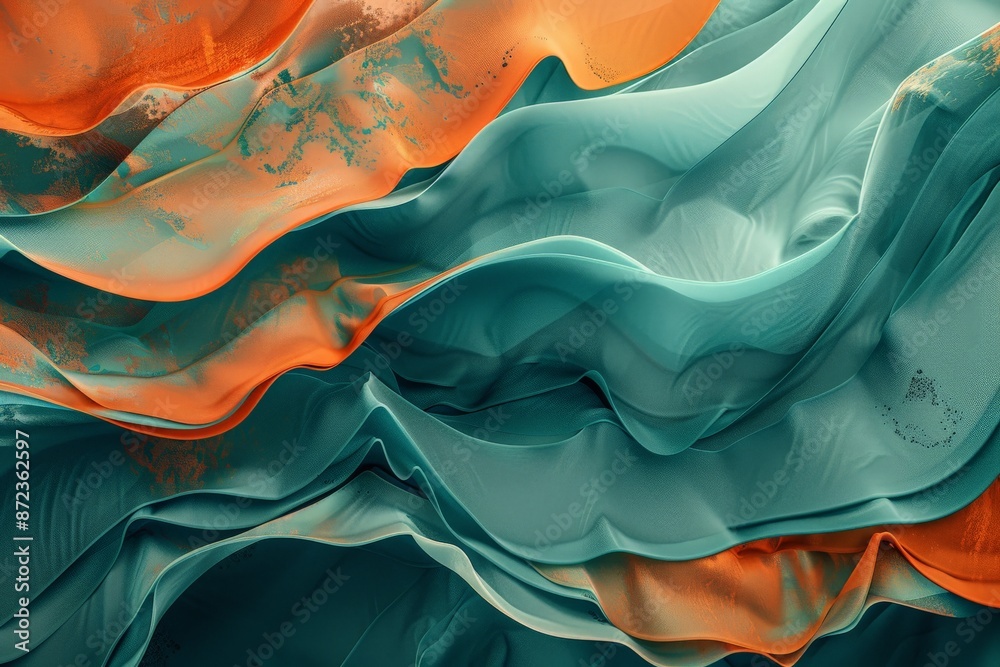 Poster this image shows layered waves in teal and orange, presenting an abstract look that exudes depth and