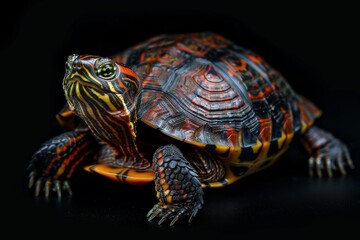 Fototapeta premium Mystic portrait of Eastern Box Turtle, full body view, isolated on black background