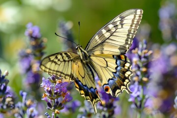 Naklejka premium A vibrant yellow and black butterfly is captured on lavender flowers in a lush garden, highlighting the delightful interaction and beauty of these natural elements.