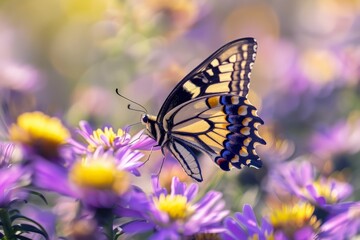 Fototapeta premium Capturing the side view, a butterfly with meticulous wing patterns feeds on groups of purple flowers, showcasing vibrant colors and natural details amidst a serene garden.