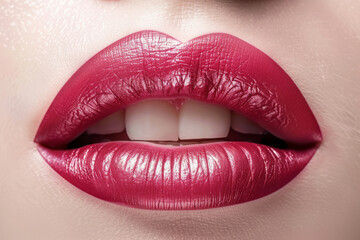 Obraz premium Closeup of red lips with glossy lipstick. Texture and vibrant color