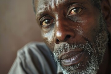Obraz premium An older man, with a weathered face and intense, thoughtful gaze, is captured in a close-up photograph that highlights his deep, emotional expression and life experiences.