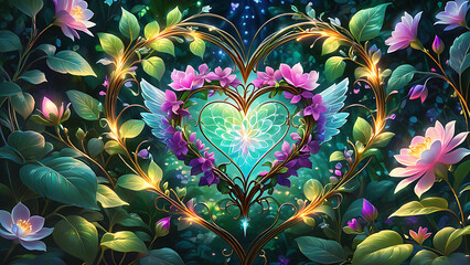 A glowing heart formed by vines with flowers and leaves surrounding it, vibrant colors and an ethereal glow.
