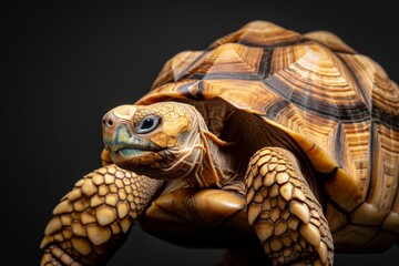 Naklejka premium the beside view African Spurred Tortoise, left side view, white copy space on right, isolated on black background