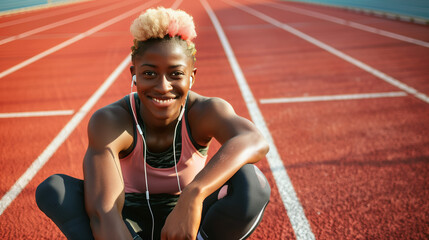 Portrait of a beautiful female athlete or running enthusiast sitting on a red running track.