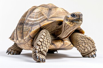 Obraz premium the beside view African Spurred Tortoise, left side view, white copy space on right, dutch angle view, isolated on white background