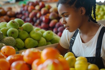 Obraz premium An individual arranges an array of fresh fruits, including pears and oranges, at a busy market stall filled with colorful produce, capturing the essence of a vibrant marketplace.