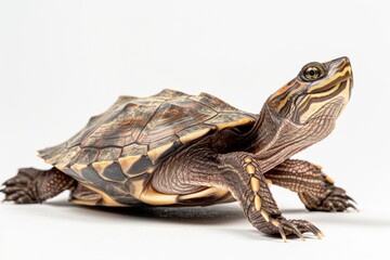 Obraz premium the beside view Australian Flatback Turtle, left side view, white copy space on right, dutch angle view, isolated on white background