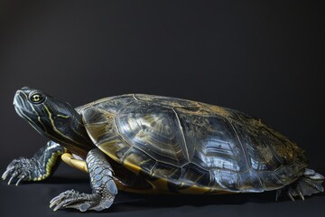 Obraz premium the beside view Australian Flatback Turtle, left side view, white copy space on right, isolated on black background