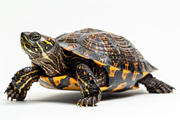 Fototapeta premium the beside view Eastern Box Turtle, left side view, white copy space on right, dutch angle view, isolated on white background