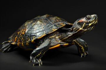 Obraz premium the beside view European Pond Turtle, left side view, white copy space on right, isolated on black background
