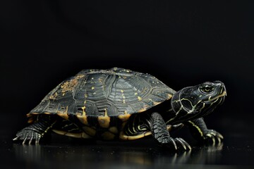 Obraz premium the beside view European Pond Turtle, left side view, white copy space on right, isolated on black background