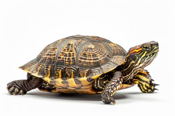 Fototapeta premium the beside view Eastern Box Turtle, left side view, white copy space on right, dutch angle view, isolated on white background