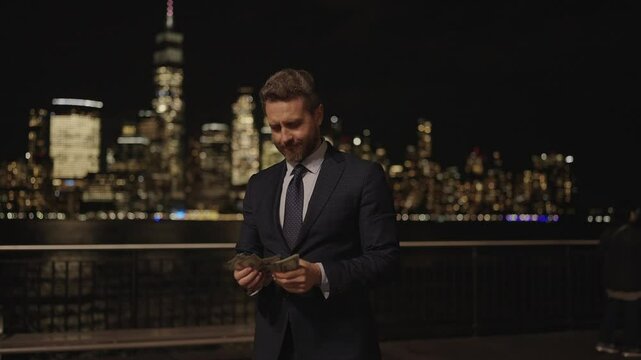 Successful business brings money. Successful business man investor. Financial investment. Successful business. Businessman count money outdoor. Businessman invest money in business. Counting cash