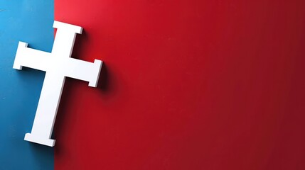 Obraz premium White cross on red and blue background symbolizing faith and contrast