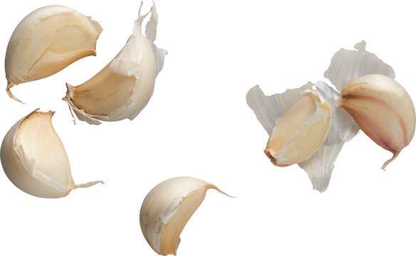 Garlic cloves scattered top view isolated on transparent background