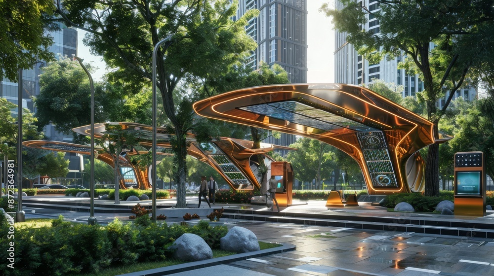 Leinwandbilder a futuristic bus stop with a large, curved canopy and digital displays stands in a modern urban sett
