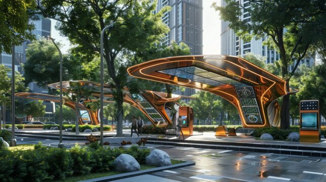 A futuristic bus stop with a large, curved canopy and digital displays stands in a modern urban setting with tall buildings and lush greenery.
