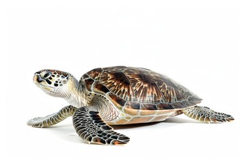 Obraz premium the beside view Green Sea Turtle, left side view, white copy space on right, dutch angle view, isolated on white background
