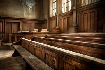 Naklejka premium A beautifully aged and empty courtroom with tall windows letting in light, wooden benches and desks creating an air of history, justice, and solemnity.