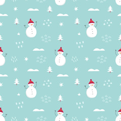 Winter seamless pattern with cute snowman stars abstract shapes. Christmas and New Year background. Scandinavian style. Vector illustration