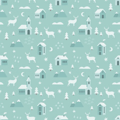 Vintage winter seamless pattern with cute town houses stars trees deer and snowflakes. Cute Christmas design, Scandinavian style background. Vector illustration