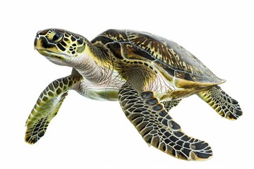 Fototapeta premium the beside view Green Sea Turtle, left side view, white copy space on right, dutch angle view, isolated on white background
