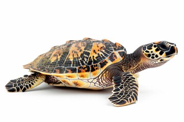 Obraz premium the beside view Hawksbill Turtle, left side view, white copy space on right, dutch angle view, isolated on white background