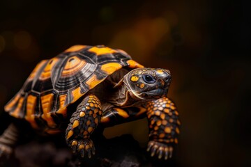 Obraz premium the beside view Indian Star Tortoise, left side view, white copy space on right, isolated on black background