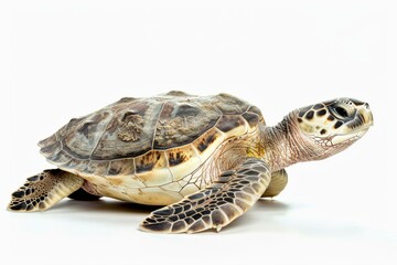 Obraz premium the beside view Kemp's Ridley Turtle, left side view, white copy space on right, dutch angle view, isolated on white background