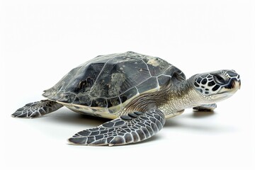 Obraz premium the beside view Kemp's Ridley Turtle, left side view, white copy space on right, dutch angle view, isolated on white background