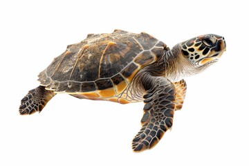 Obraz premium the beside view Loggerhead Turtle, left side view, white copy space on right, dutch angle view, isolated on white background