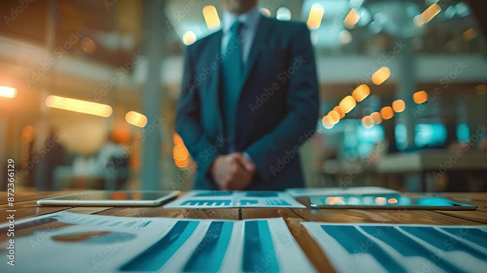 Poster a blurry businessman stands in front of a table covered in spreadsheets and tablets.