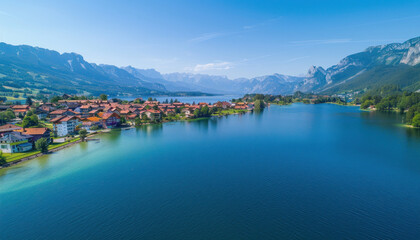 Fototapeta premium A serene lake is nestled amidst majestic mountains, as seen from a high vantage point