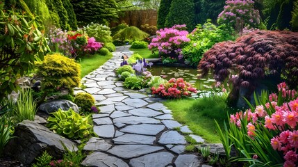Obraz premium Serene Garden Path Leading to a Pond