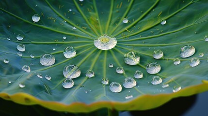 Fototapeta premium Captivating Close-up of Crystal-clear Water Droplets on Lotus Leaf - Nature's Pristine Beauty