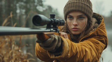 Fototapeta premium A determined woman holding a firearm, her expression focused and intense. The background suggests an outdoor setting, possibly a forest or wilderness